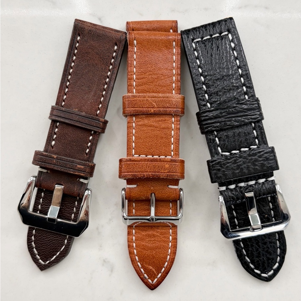 Horween Rustic Full Stitch Leather Watch Strap Trio - Black, Brown, and Tan